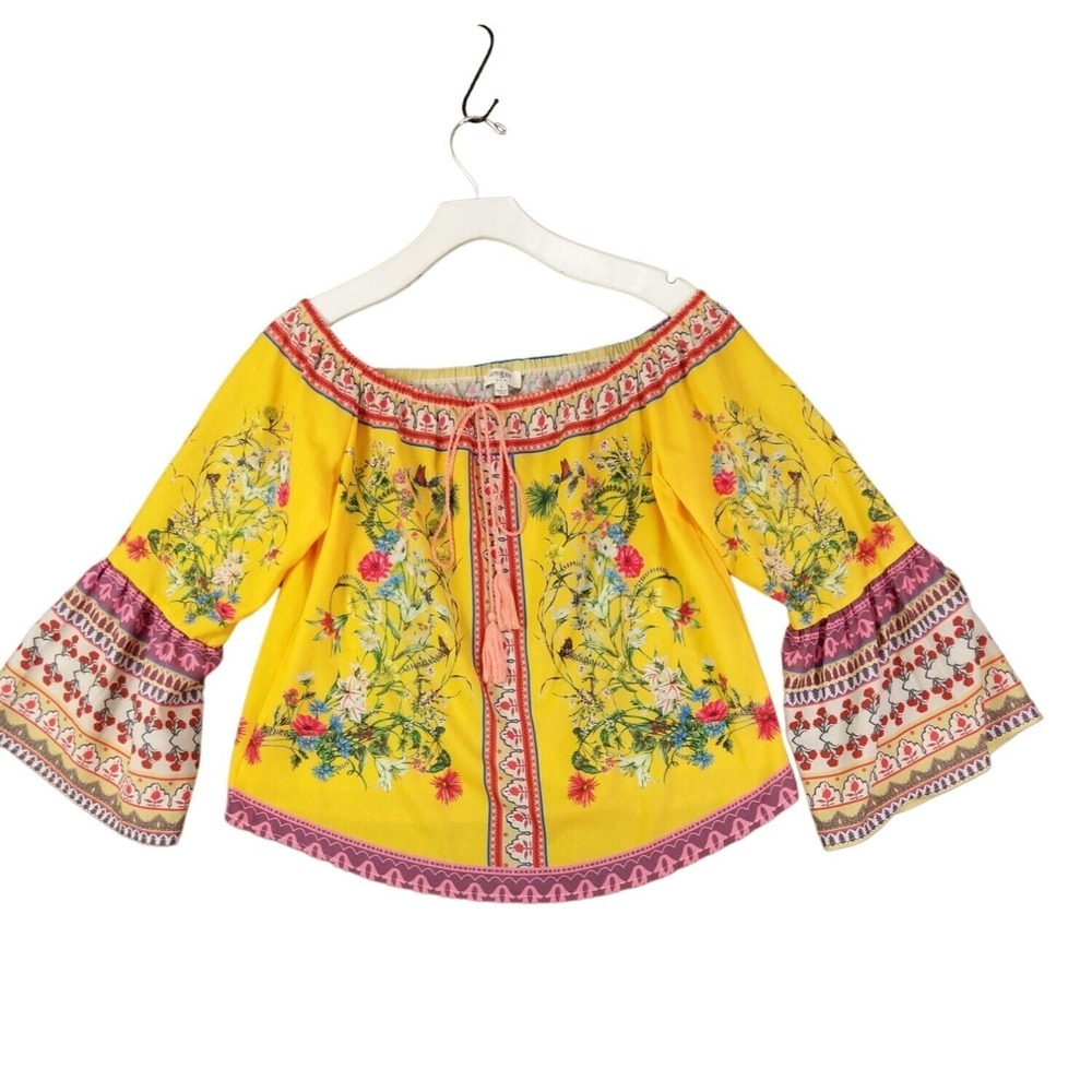 Umgee Women Peasant Festival Bell Sleeve Off Shoulder Top S Blouse Yellow Floral